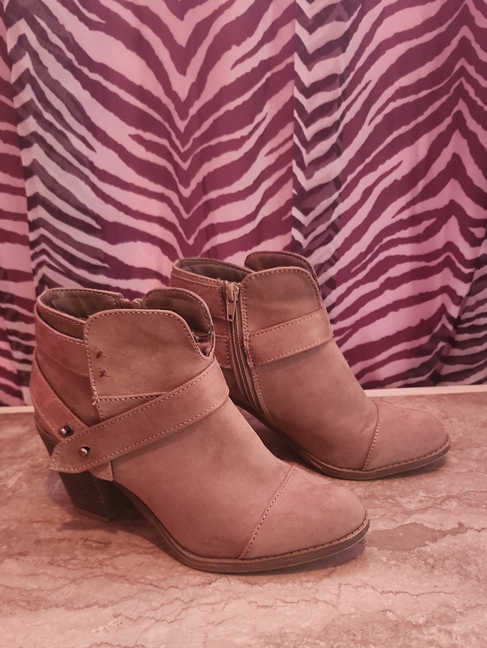 Women's Taupe Suede-Look Ankle Booties with Wrap Strap